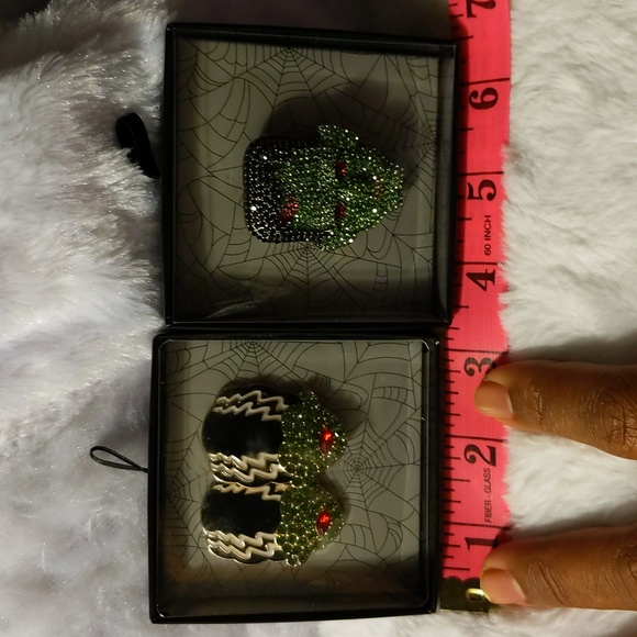 NWOT Bride of Frankenstein Earrings With Frankenstein Brooch Metallic Bejeweled - Picture 13 of 13
